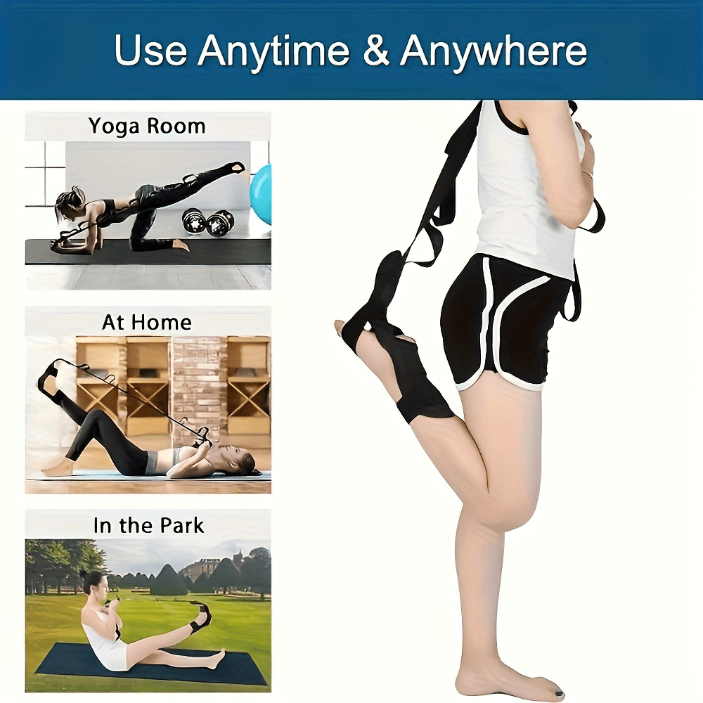 Yoga foot stretching strap for flexibility and rehab, used in yoga room, at home, and in the park. Ideal for plantar fasciitis relief.