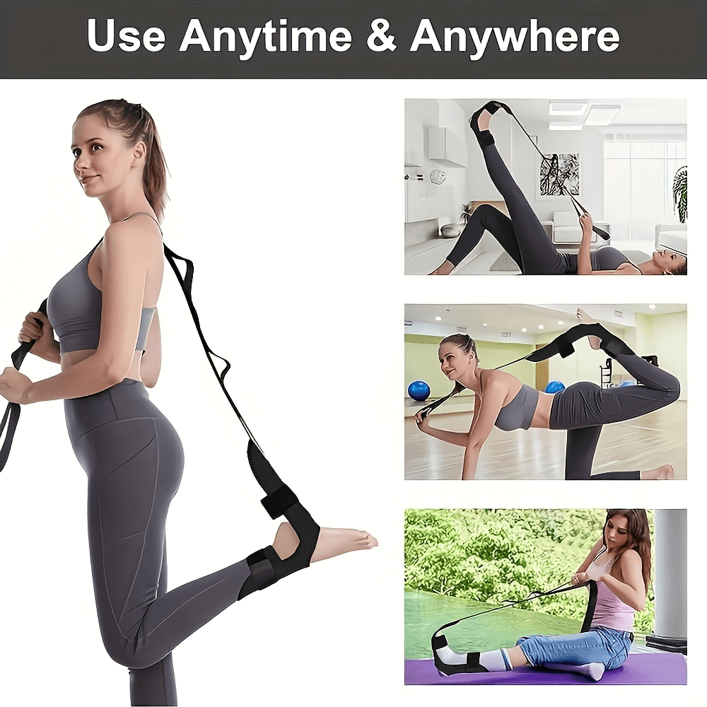 Woman using yoga foot stretching strap for flexibility and rehab exercises, featuring multiple loops for adjustable resistance.