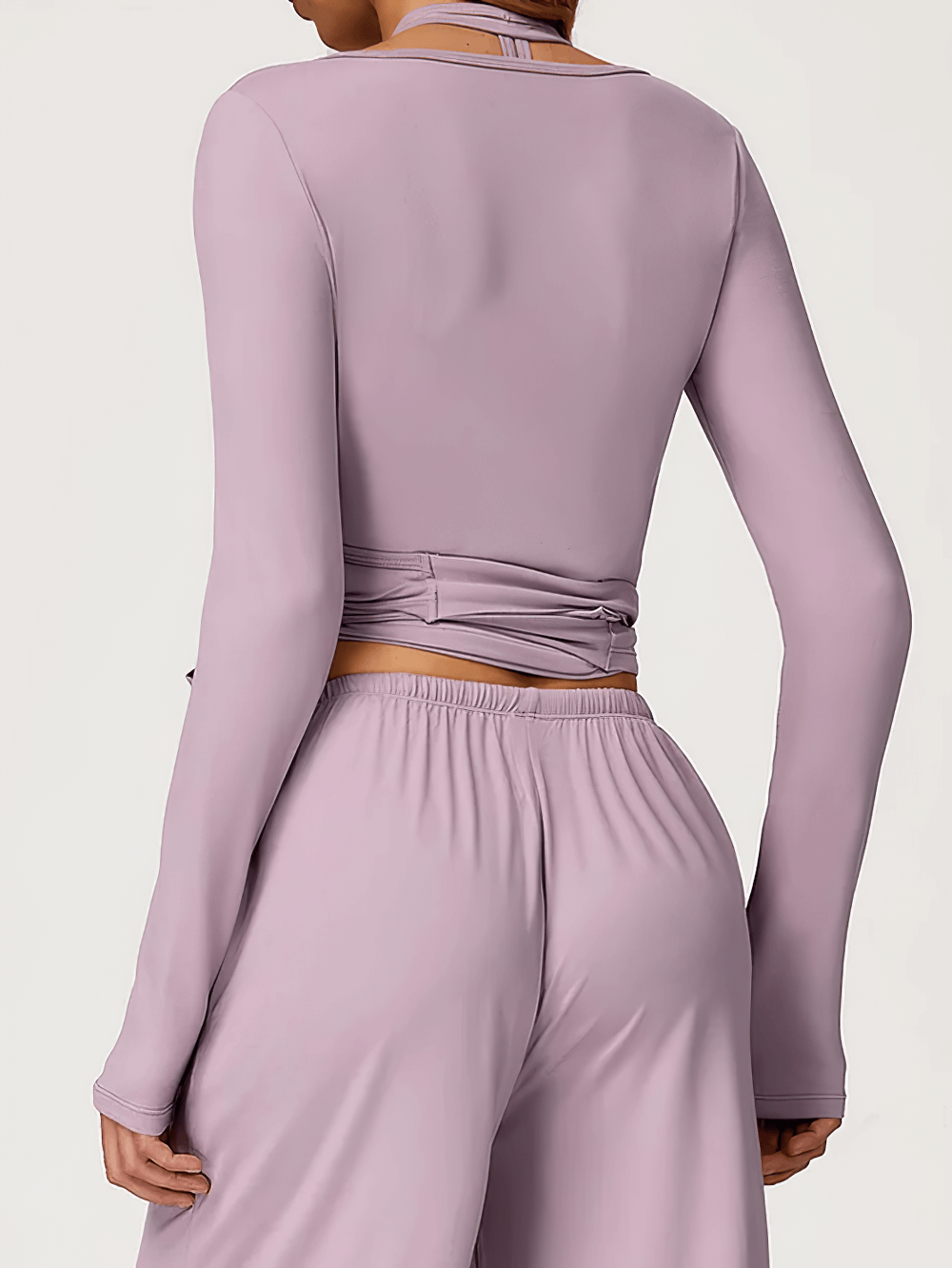 Back view of Yoga Long Sleeve Top for Women with Wrap Tie Detail - SF4184 in lavender