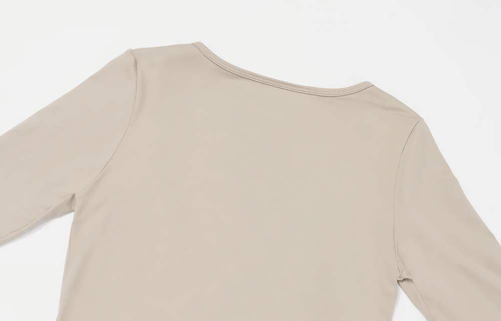 Back view of Yoga Long Sleeve Top for Women with Wrap Tie Detail - SF4184 in beige, showcasing its durable and breathable fabric.