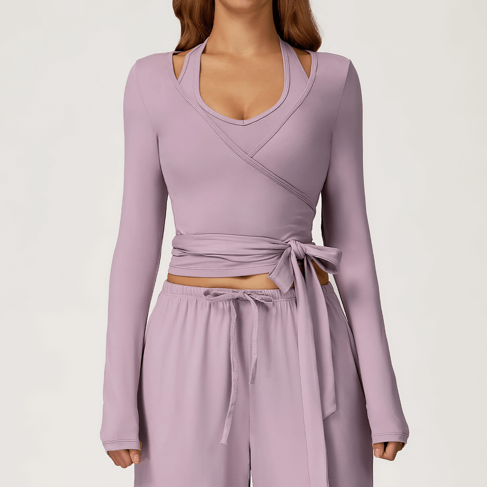 Yoga Long Sleeve Top for Women with Wrap Tie Detail - SF4184 in lavender, featuring breathable and quick-dry fabric for a stylish fit.