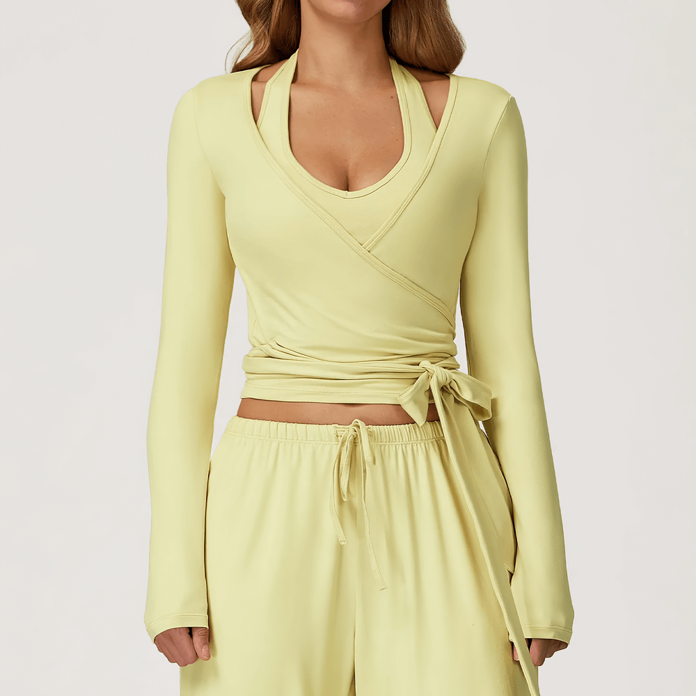 Yoga Long Sleeve Top for Women with Wrap Tie Detail - SF4184 in yellow, showcasing its flattering wrap design and breathable fabric.