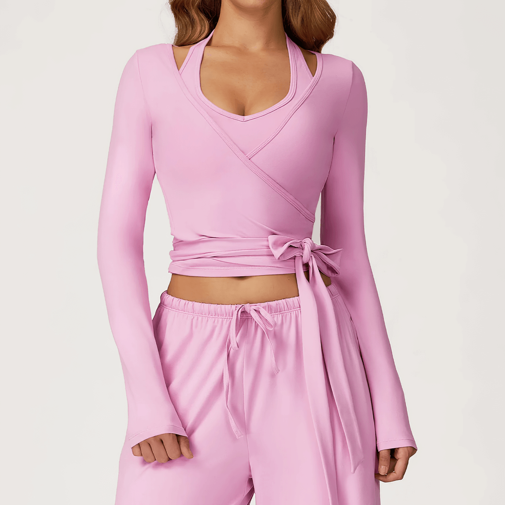 Yoga Long Sleeve Top for Women with Wrap Tie Detail - SF4184 in pink, showcasing breathable and stylish design for workouts.