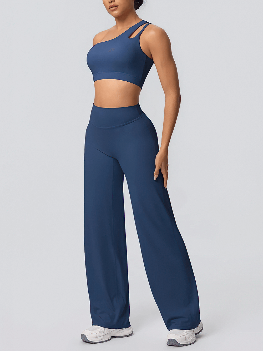 Alt Tag: Yoga Set Single Shoulder Bra and Wide-Leg Pants - SF4356 navy quick-dry one-shoulder backless sports bra with high-waist wide-leg pants