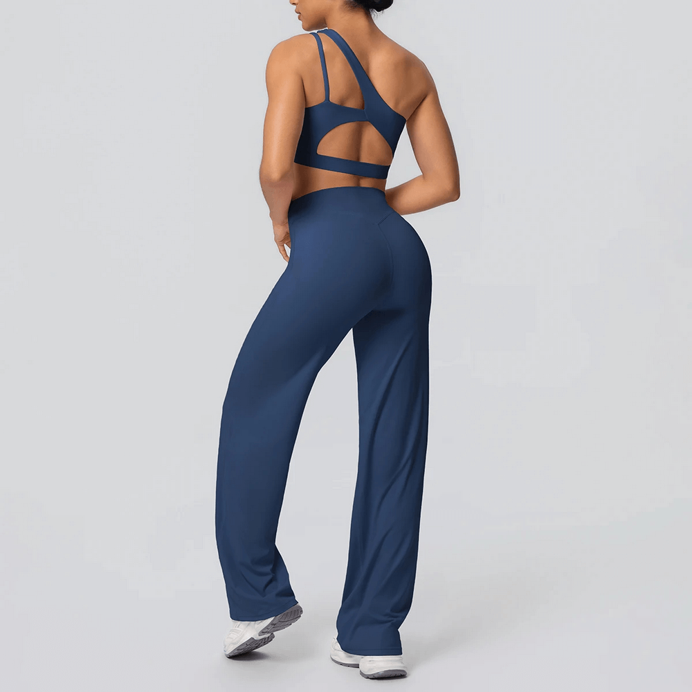 Alt Tag: Yoga Set Single Shoulder Bra and Wide-Leg Pants - SF4356 navy open-back one-shoulder bra with high-waist wide-leg pants