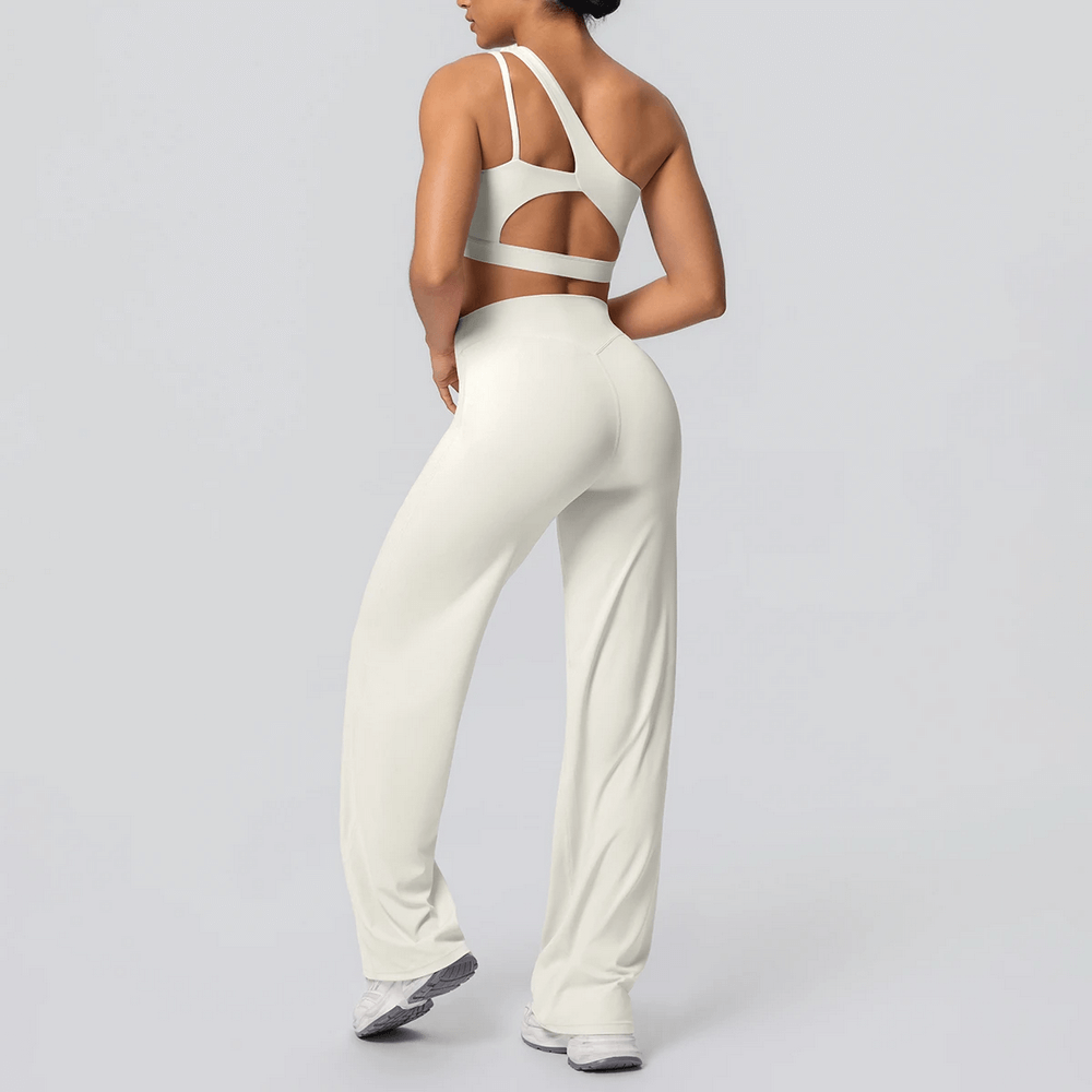 Alt Tag: Yoga Set Single Shoulder Bra and Wide-Leg Pants - SF4356 ivory open-back one-shoulder bra with high-waist wide-leg pants