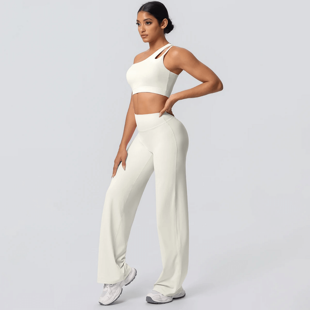Alt Tag: Yoga Set Single Shoulder Bra and Wide-Leg Pants - SF4356 ivory quick-dry backless one-shoulder sports bra with high-waist wide-leg pants