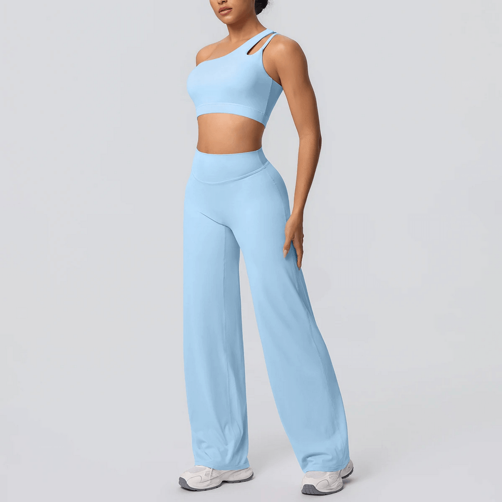 Alt Tag: Yoga Set Single Shoulder Bra and Wide-Leg Pants - SF4356 in blue, one-shoulder backless bra with high-waist wide-leg pants