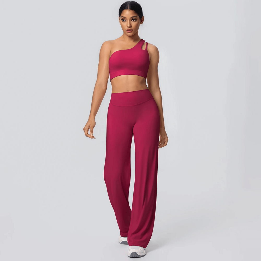 Alt Tag: Yoga Set Single Shoulder Bra and Wide-Leg Pants - SF4356 wine red one-shoulder backless sports bra with high-waist wide-leg pants