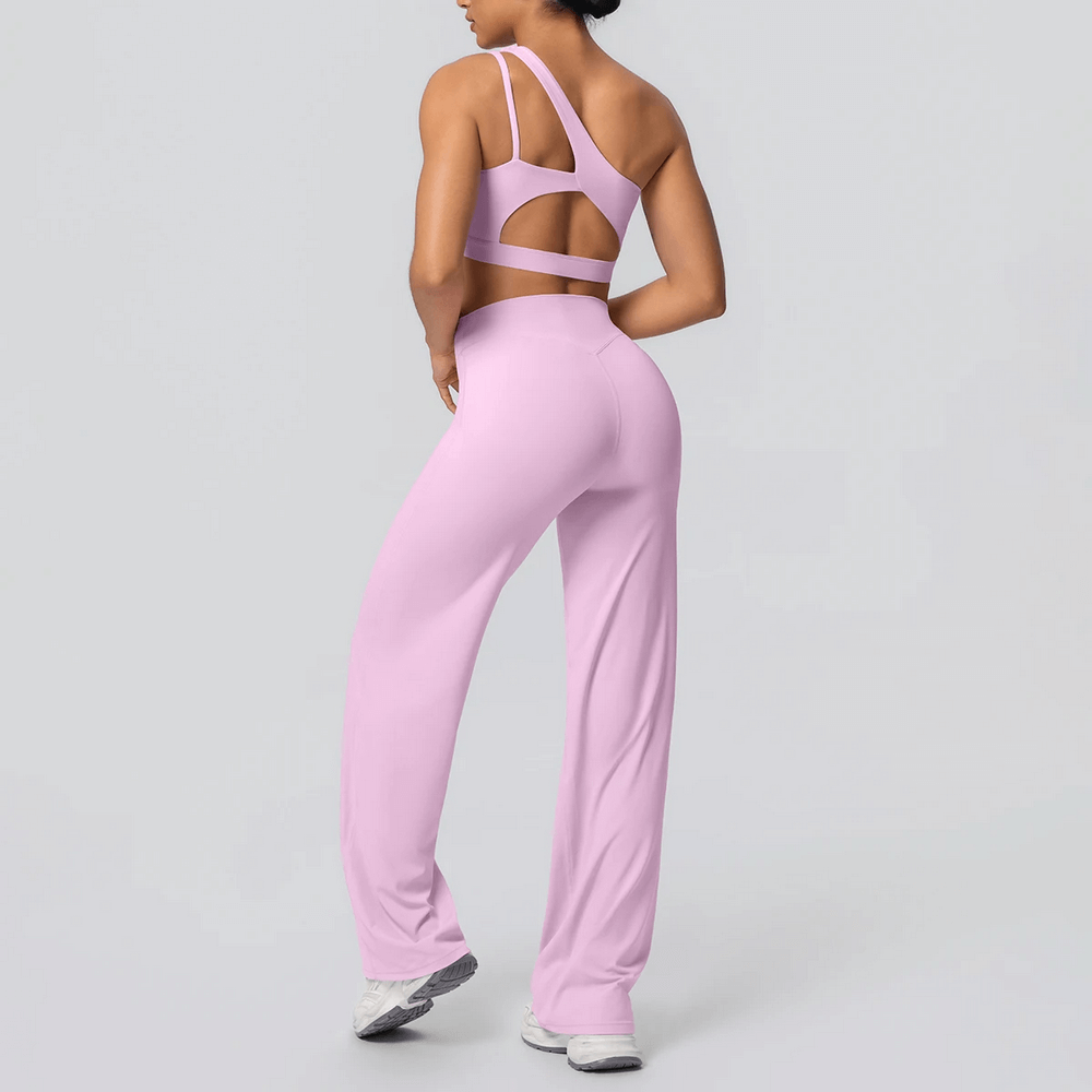 Yoga Set Single Shoulder Bra and Wide-Leg Pants - SF4356 pink quick-dry backless one-shoulder bra and high-waist wide-leg pants