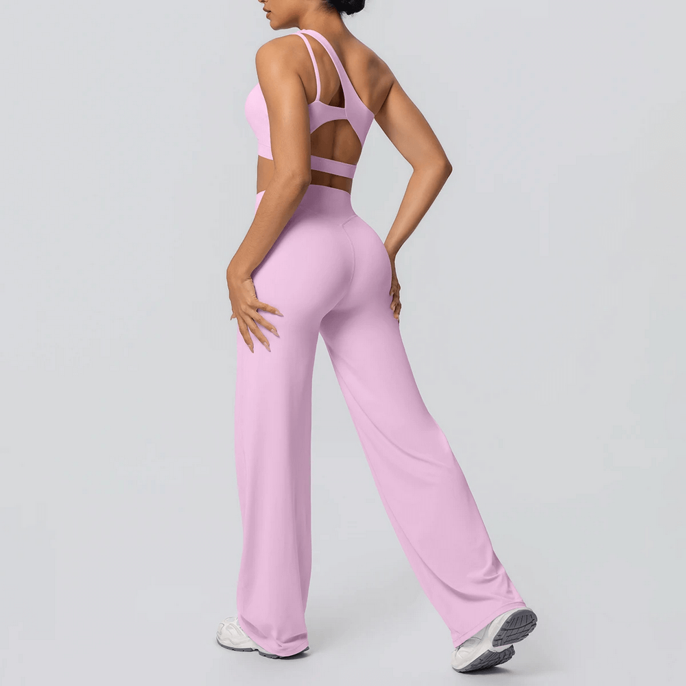 Yoga Set Single Shoulder Bra and Wide-Leg Pants - SF4356 in pink, backless one-shoulder bra with high-waist wide-leg pants