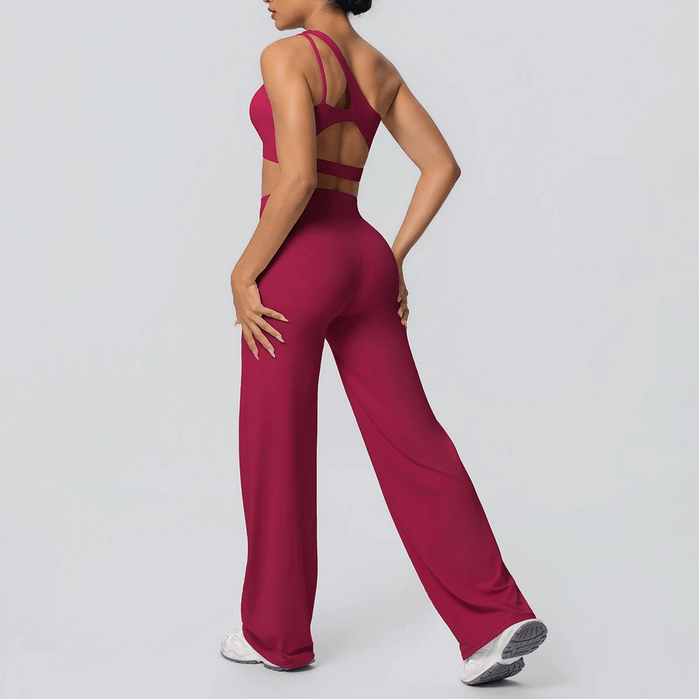 Alt Tag: Yoga Set Single Shoulder Bra and Wide-Leg Pants - SF4356 wine red backless one-shoulder sports bra with high-waist wide-leg pants