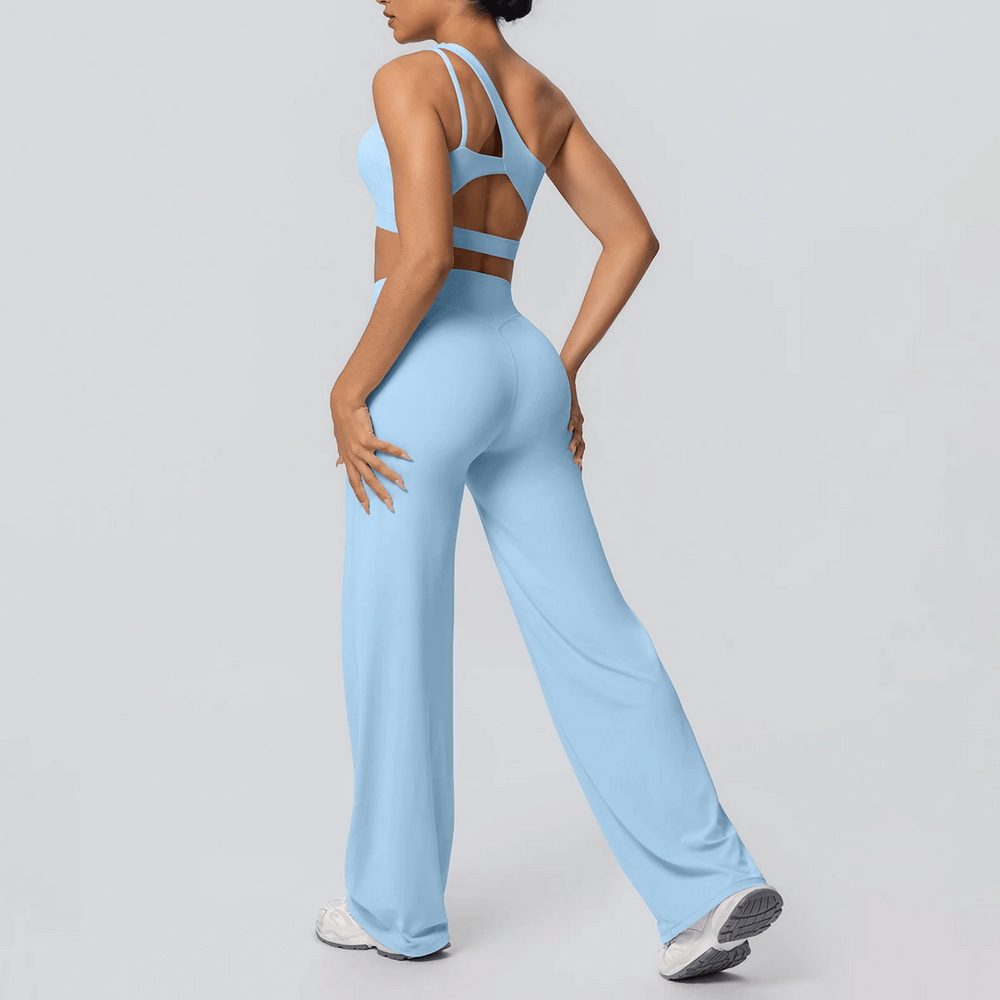 Alt Tag: Yoga Set Single Shoulder Bra and Wide-Leg Pants - SF4356 in light blue, backless one-shoulder bra with high-waist wide-leg pants