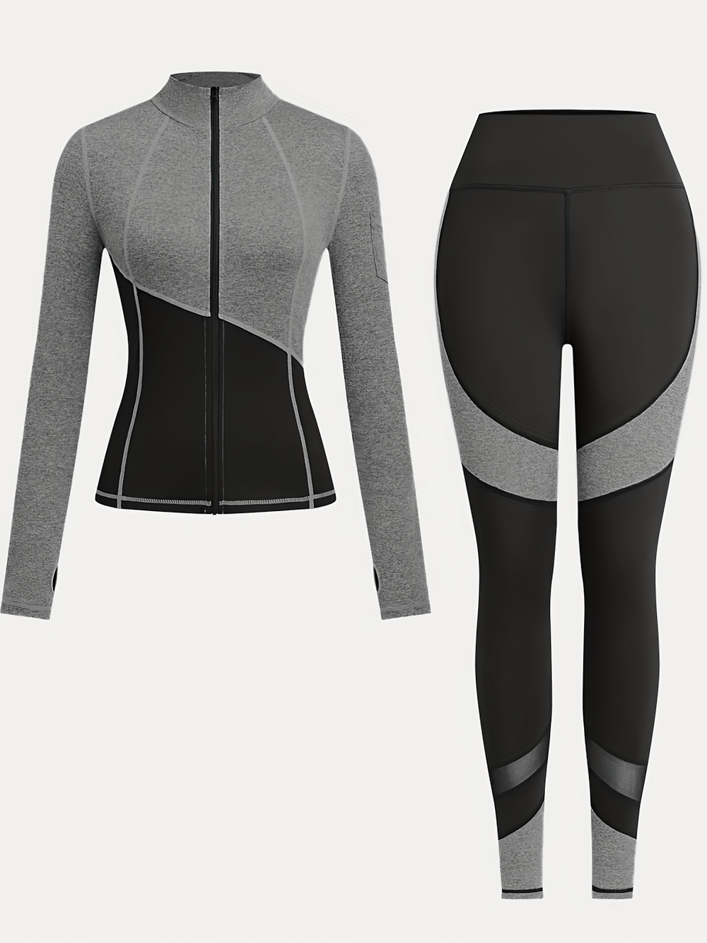 Two-tone yoga set with zipper jacket and high-waist leggings in gray and black, ideal for running and workouts, style SF2618.