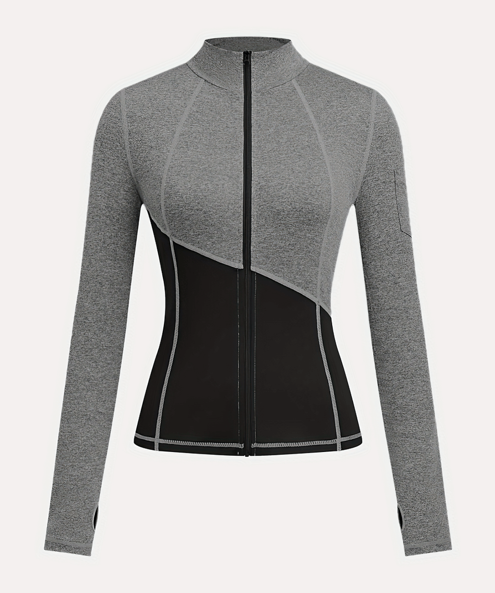 Women’s two-tone yoga zipper jacket - SF2618, asymmetrical cut for modern style, perfect for running or yoga workouts.