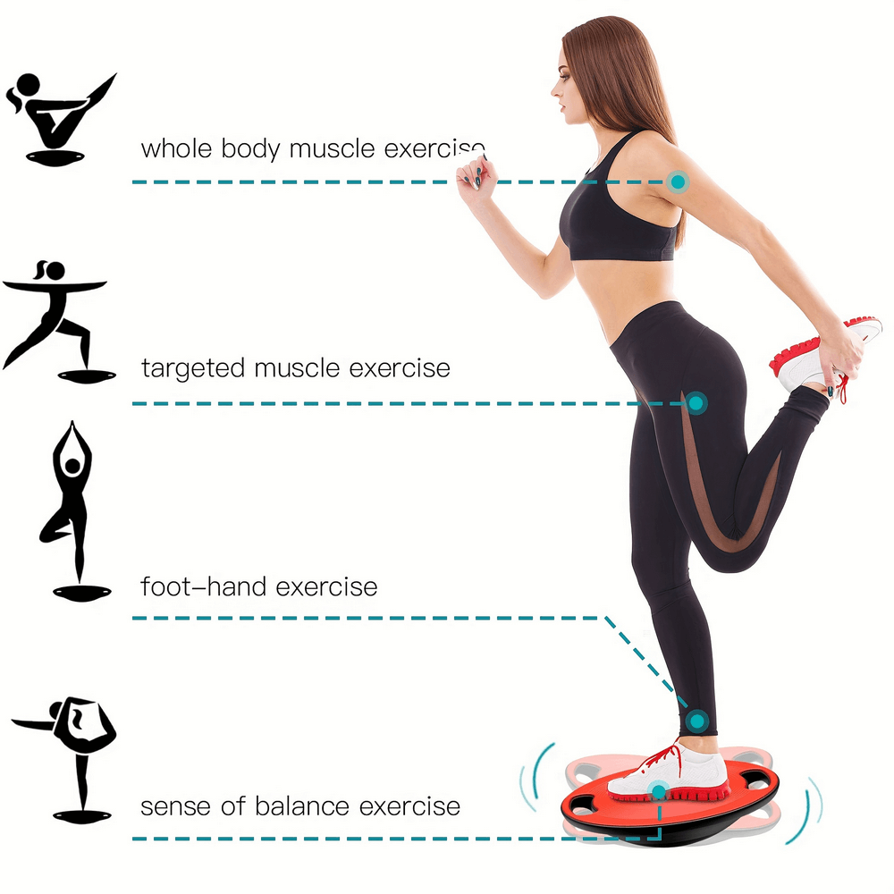 Woman demonstrating exercises on a yoga swing balance board to improve core strength, stability, and balance in a home workout setting.