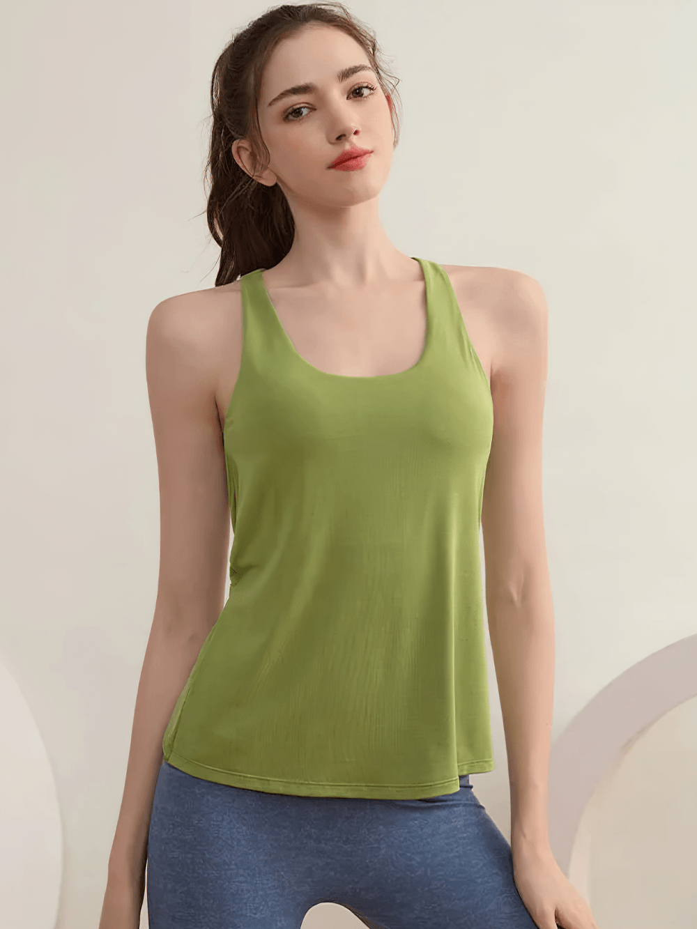 Alt Tag: Yoga Tank Top with Built-In Bra and Cross Back - SF4424 green sleeveless fitness top for yoga, running, pilates with support