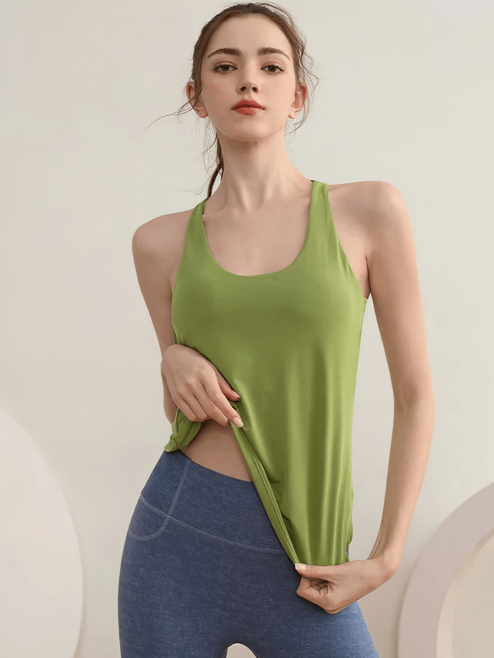 Alt Tag: Yoga Tank Top with Built-In Bra and Cross Back - SF4424 green sleeveless fitness top with cross-back support for yoga running pilates