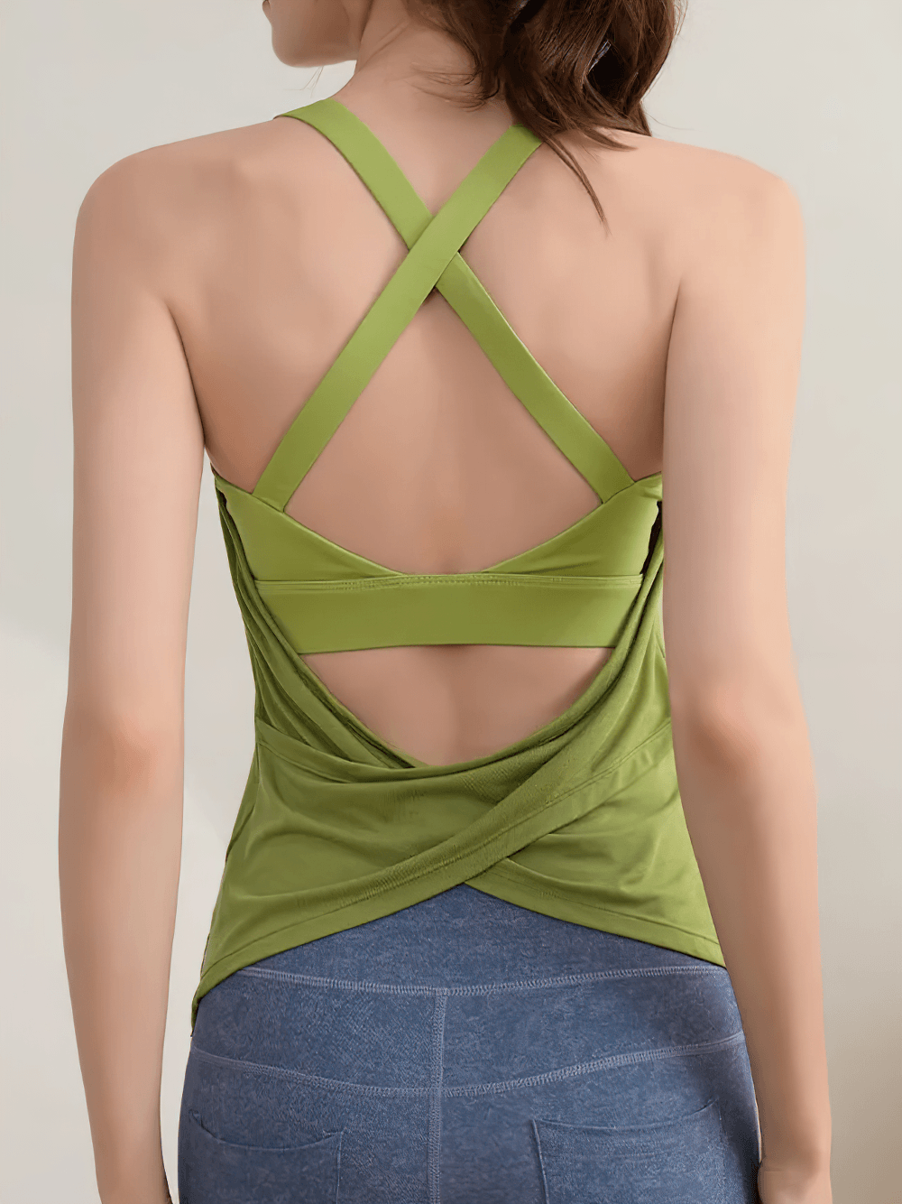 Alt Tag: Yoga Tank Top with Built-In Bra and Cross Back - SF4424 green cross-back sleeveless fitness top with built-in bra