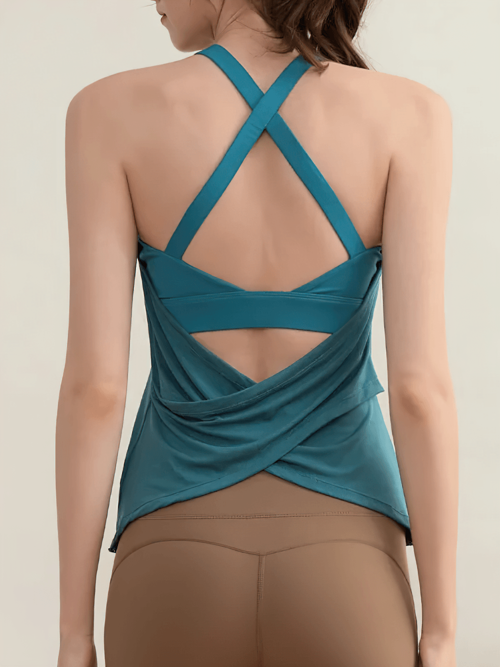 Alt Tag: Yoga Tank Top with Built-In Bra and Cross Back - SF4424 teal sleeveless fitness top with crisscross back straps, open-back support