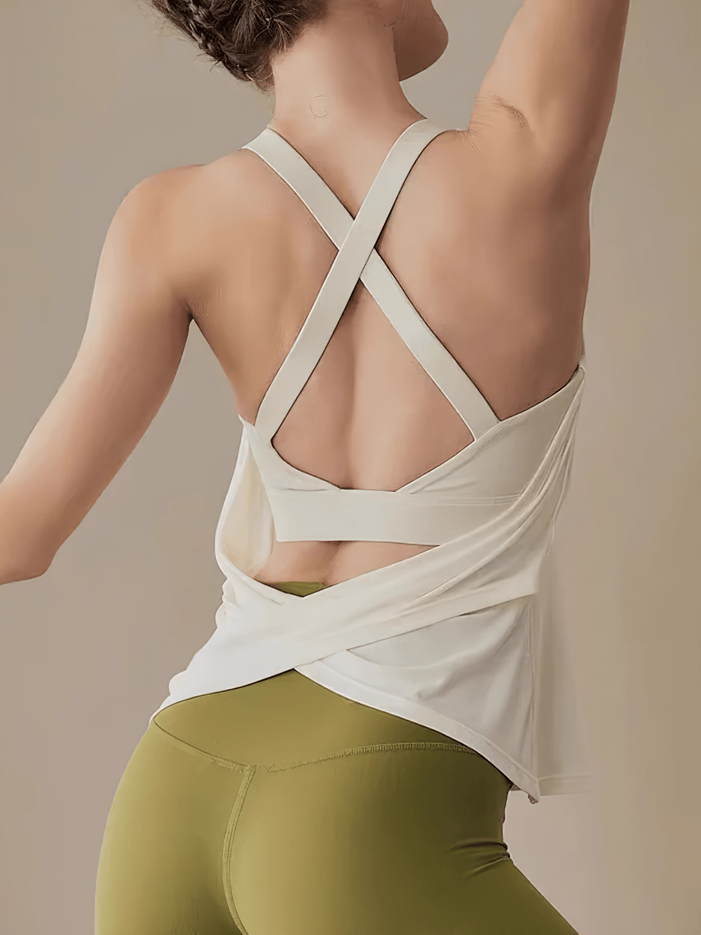 Alt Tag: Yoga Tank Top with Built-In Bra and Cross Back - SF4424 sleeveless layered vest top with cross-back straps for yoga, pilates