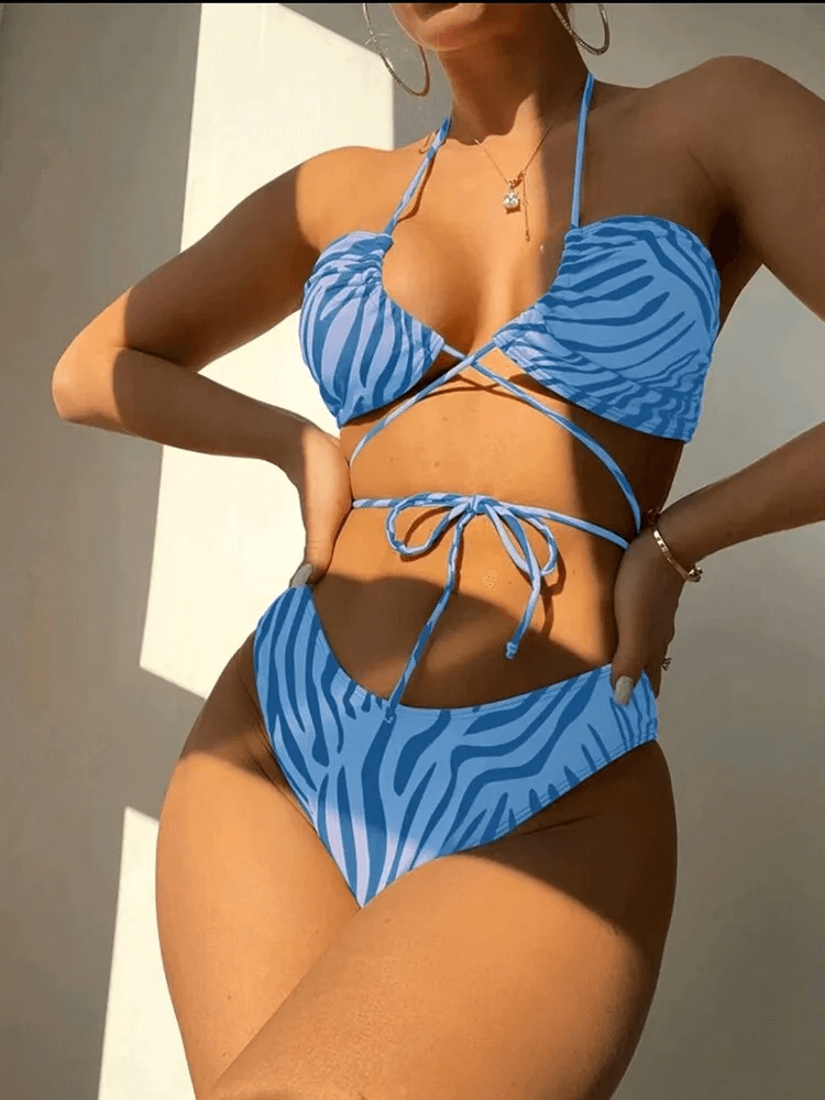 Zebra Print Halter Bikini Set with Wrap Straps - SF2147