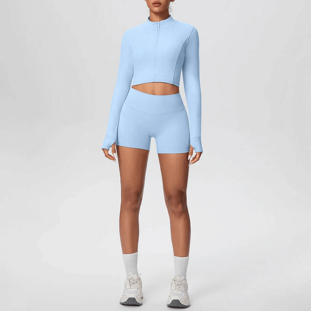 Alt Tag: Zip Front Thumbhole Crop Top and Gym Shorts Set - SF4365 light blue stand collar zip crop top with thumbholes and high-waist shorts