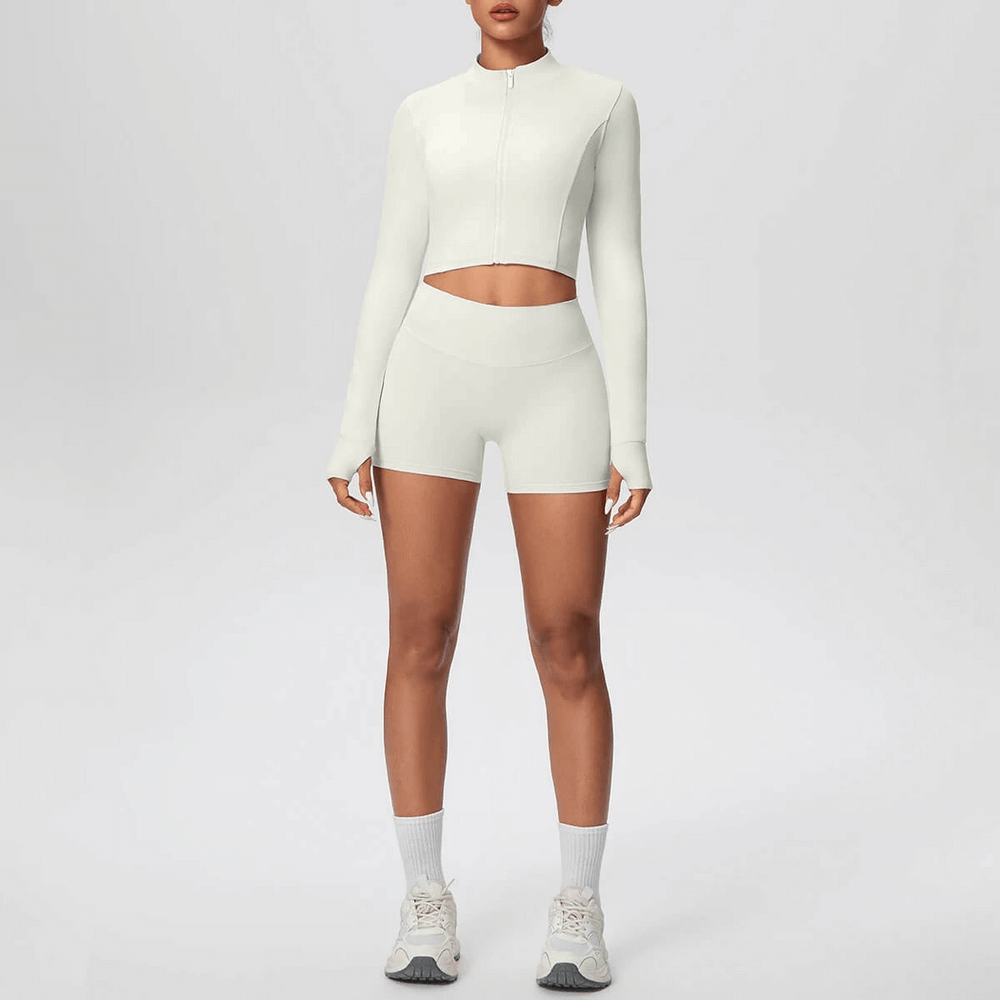 Alt Tag: Zip Front Thumbhole Crop Top and Gym Shorts Set - SF4365 stand collar zip crop top with thumbholes and high-waist shorts
