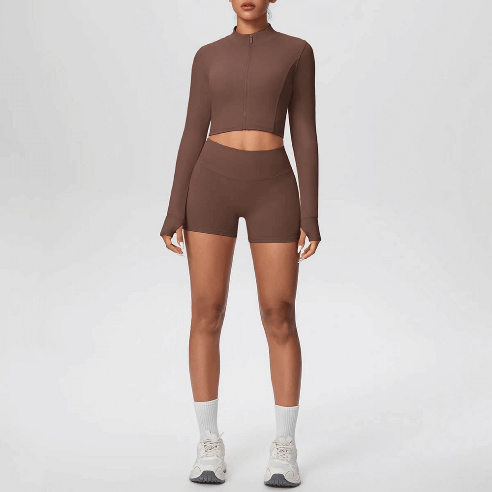 Alt Tag: Zip Front Thumbhole Crop Top and Gym Shorts Set - SF4365 brown stand-collar zip crop top with thumbholes and high-waist shorts