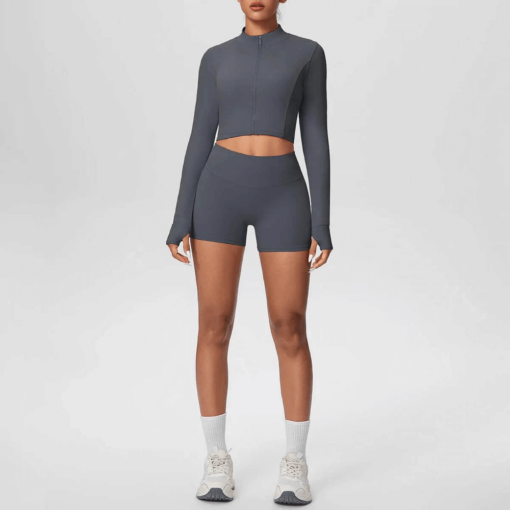 Alt Tag: Zip Front Thumbhole Crop Top and Gym Shorts Set - SF4365 stand collar zip crop top with thumbholes and high-waist shorts