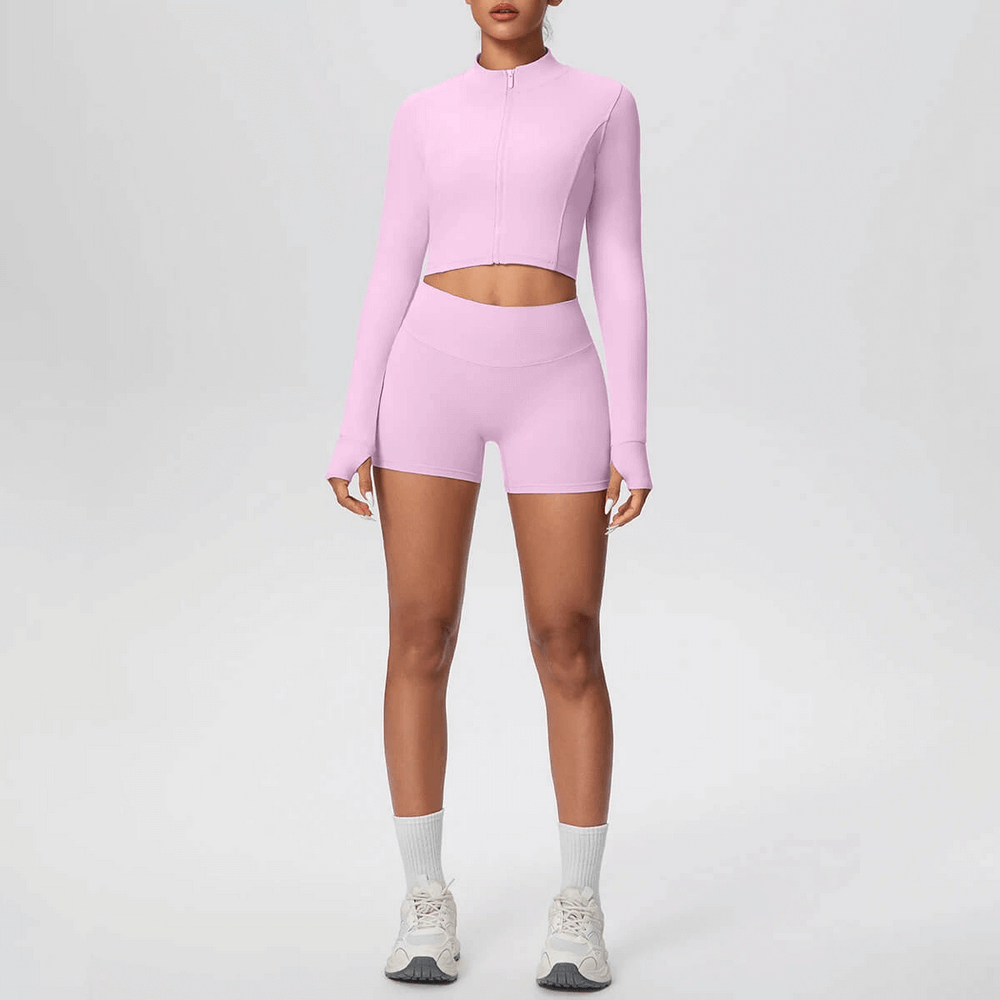 Alt Tag: Zip Front Thumbhole Crop Top and Gym Shorts Set - SF4365 pink stand collar zip crop top with thumbholes and high-waist shorts