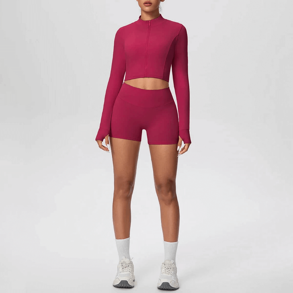 Alt Tag: Zip Front Thumbhole Crop Top and Gym Shorts Set - SF4365 in berry pink, stand collar zip crop top with thumbholes + high-waist shorts