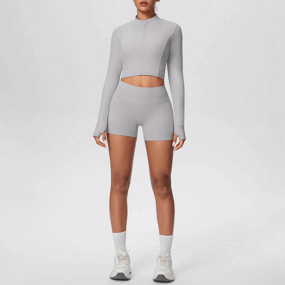 Alt Tag: Zip Front Thumbhole Crop Top and Gym Shorts Set - SF4365 light gray stand collar zip crop top with thumbholes and high-waist shorts