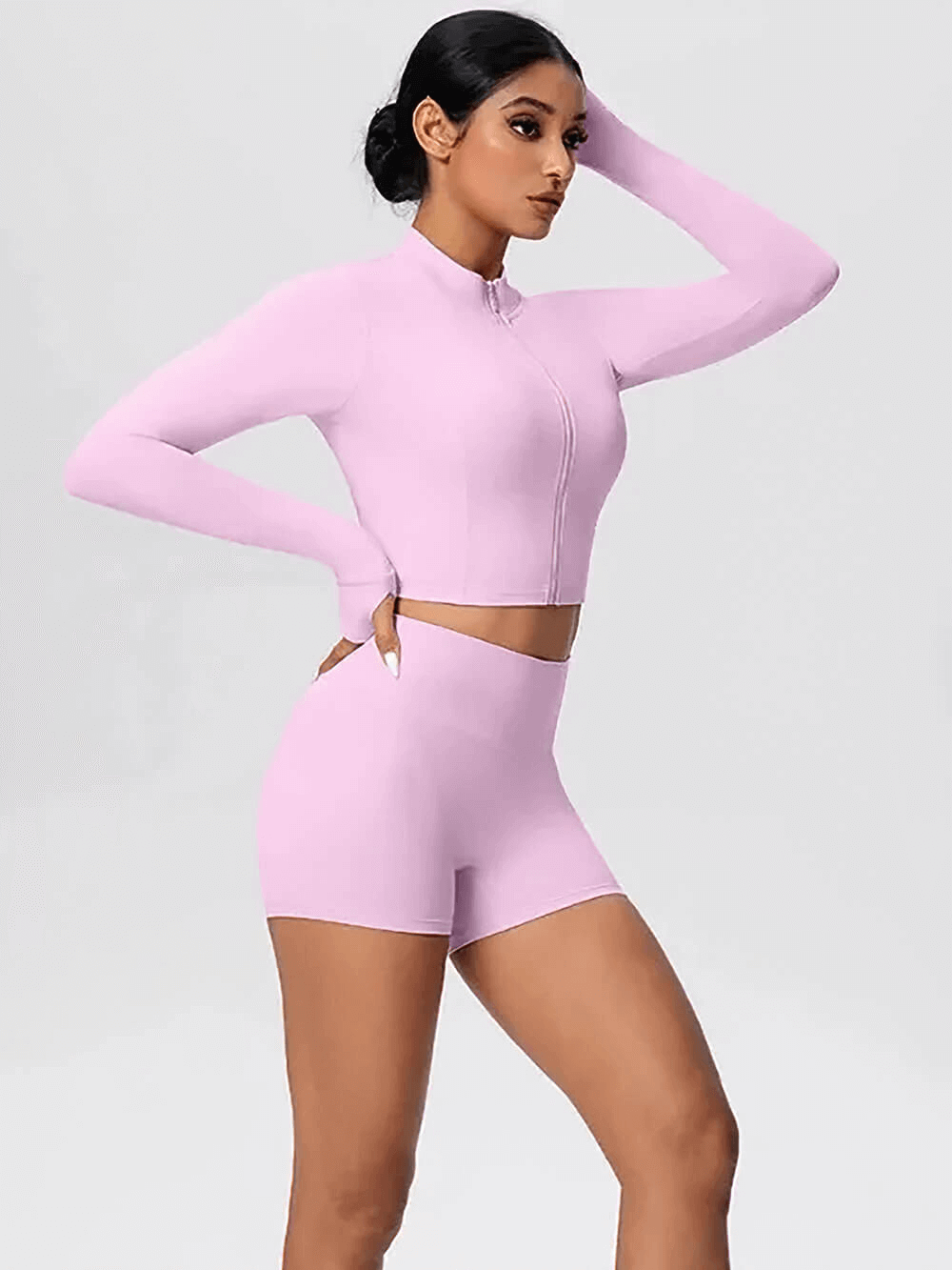 Alt Tag: Zip Front Thumbhole Crop Top and Gym Shorts Set - SF4365 pink stand collar zip crop top with thumbholes and high-waist shorts