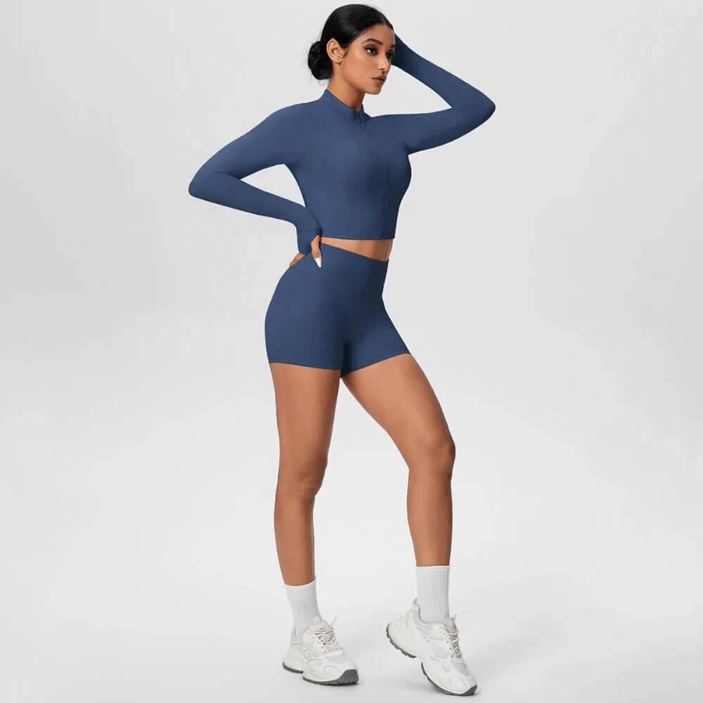 Alt Tag: Zip Front Thumbhole Crop Top and Gym Shorts Set - SF4365 stand collar long sleeve zip crop top with high-waist shorts