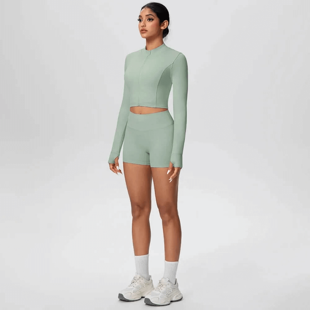 Alt Tag: Zip Front Thumbhole Crop Top and Gym Shorts Set - SF4365 light green stand collar long sleeve crop top with high-waist shorts