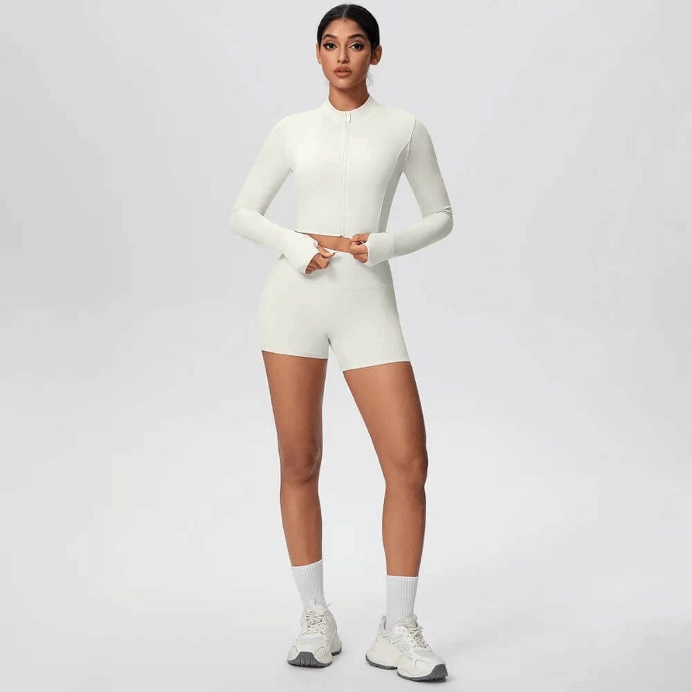 Zip Front Thumbhole Crop Top and Gym Shorts Set - SF4365 light green stand collar zip long sleeve thumbhole crop top high waist shorts