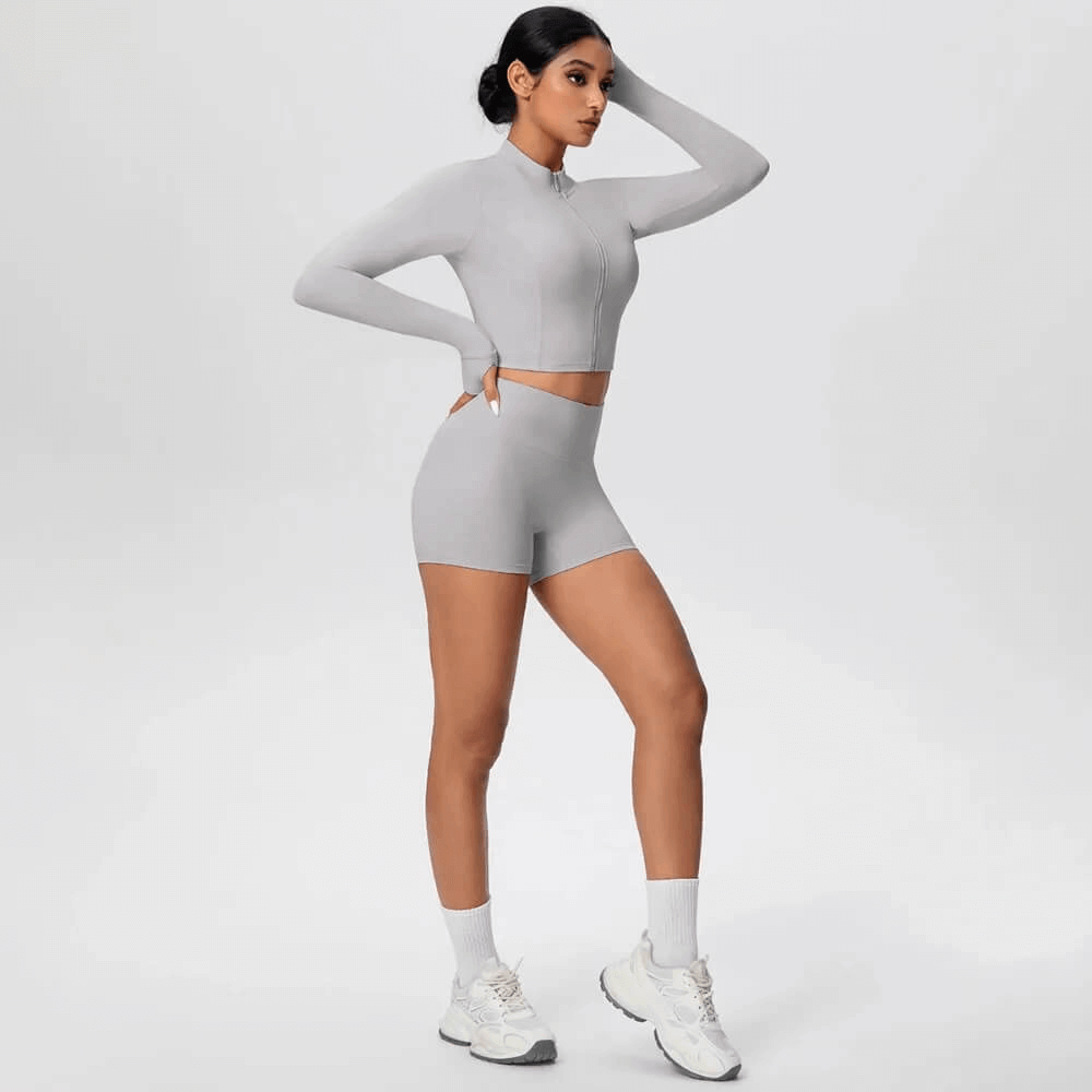 Alt Tag: Zip Front Thumbhole Crop Top and Gym Shorts Set - SF4365 stand-collar zip crop top with matching high-waist shorts