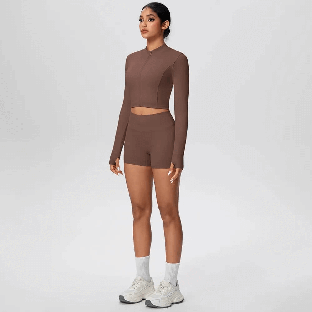 Alt Tag: Zip Front Thumbhole Crop Top and Gym Shorts Set - SF4365 stand-collar zip crop top with thumbholes and high-waist shorts