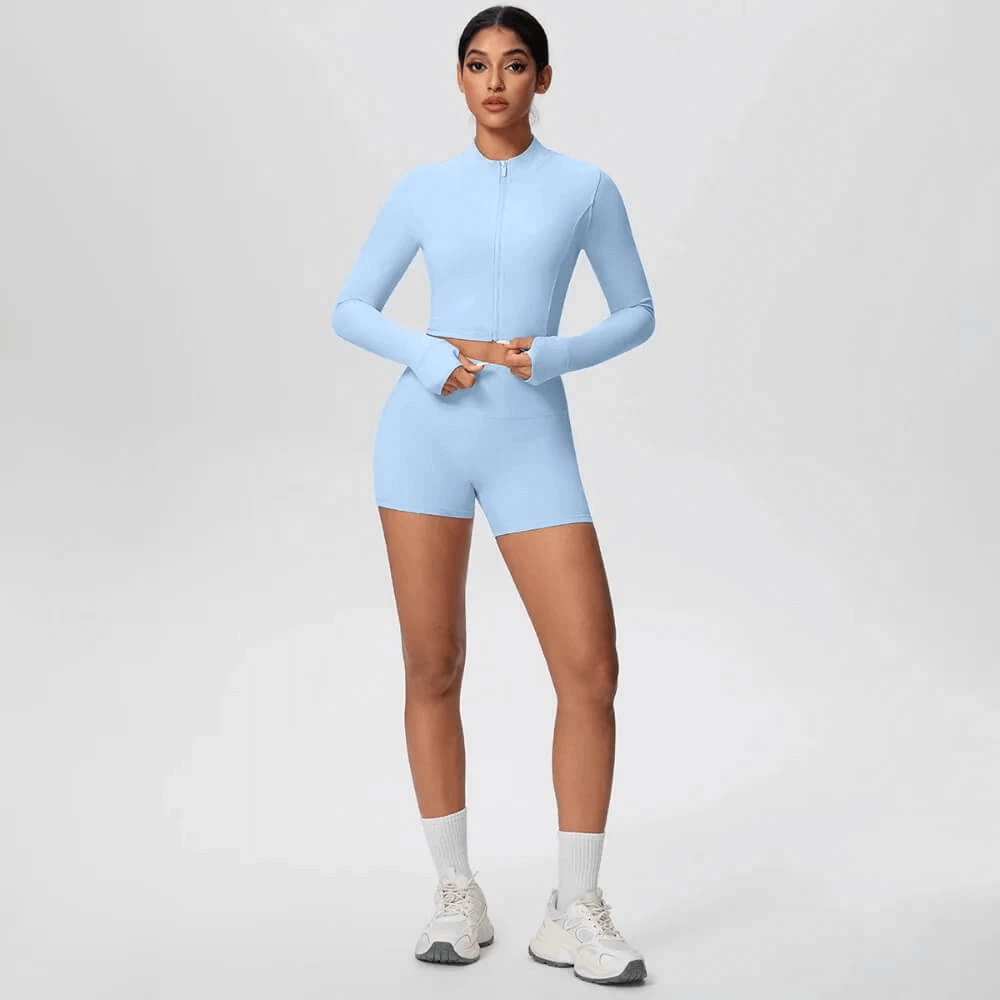 Alt Tag: Zip Front Thumbhole Crop Top and Gym Shorts Set - SF4365 light blue stand collar zip long sleeve thumbhole top with high-waist shorts
