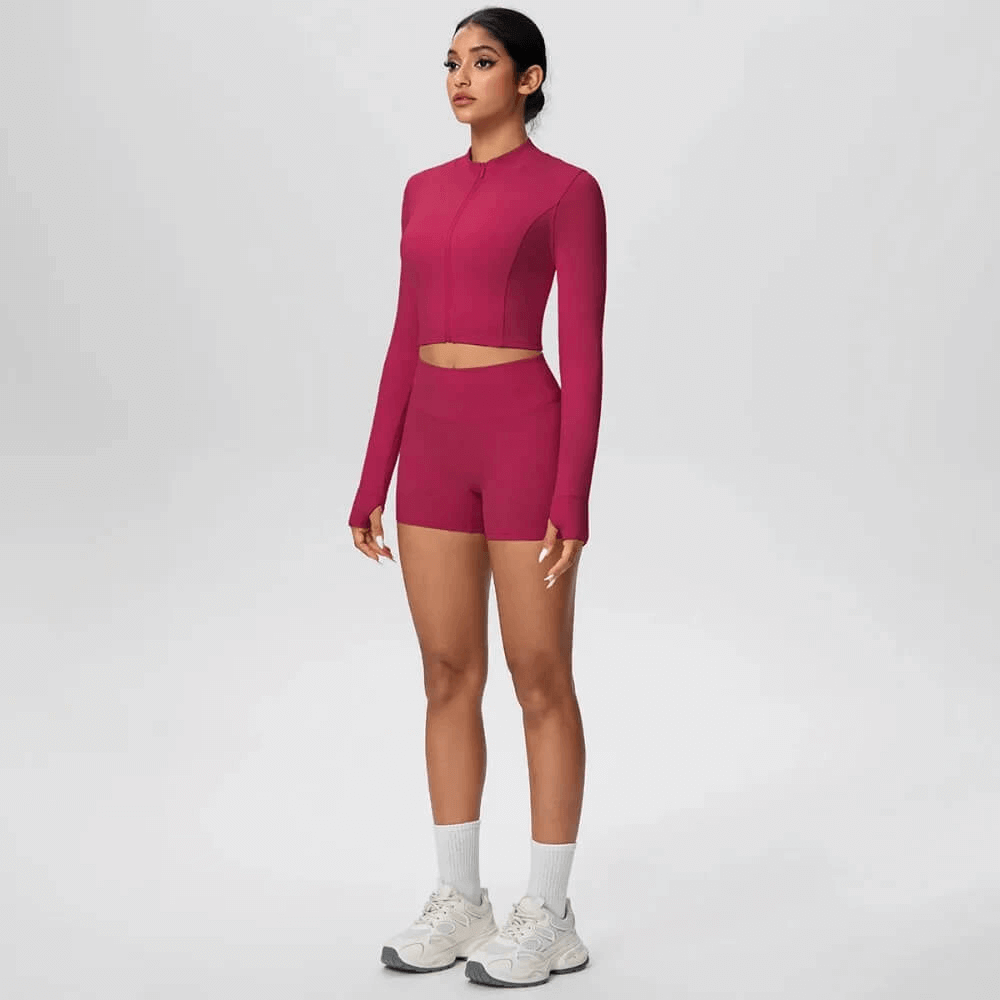 Zip Front Thumbhole Crop Top and Gym Shorts Set - SF4365 hot pink stand collar long sleeve crop top and high-waist shorts