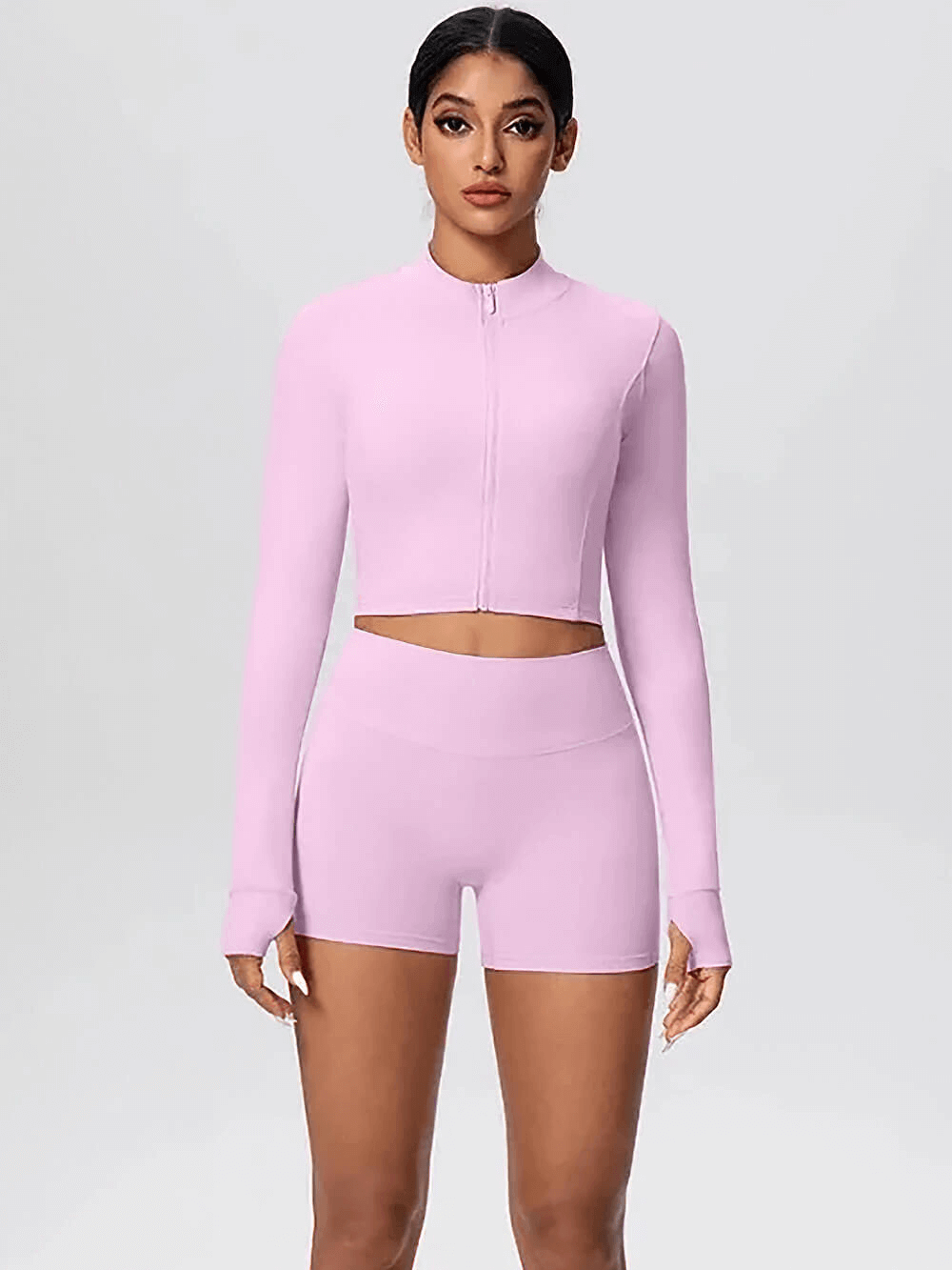 Alt Tag: Zip Front Thumbhole Crop Top and Gym Shorts Set - SF4365 pink stand-collar zip crop top with thumbholes and high-waist shorts