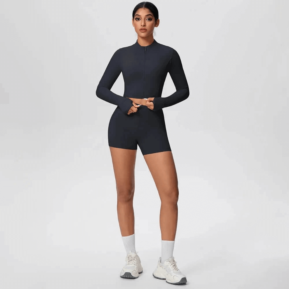 Zip Front Thumbhole Crop Top and Gym Shorts Set - SF4365 black stand-collar zip long sleeve with high-waist shorts for running training