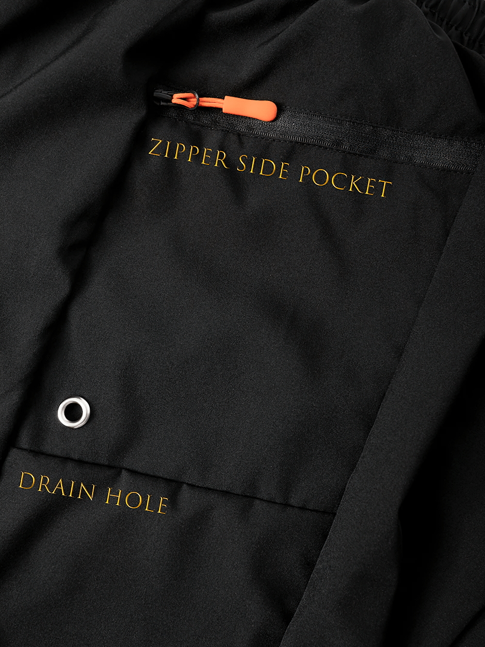 Alt Tag: Zip Pocket Swim Trunks with Drawstring Waist - SF4494 close-up of zipper side pocket and drain hole on black swim trunks