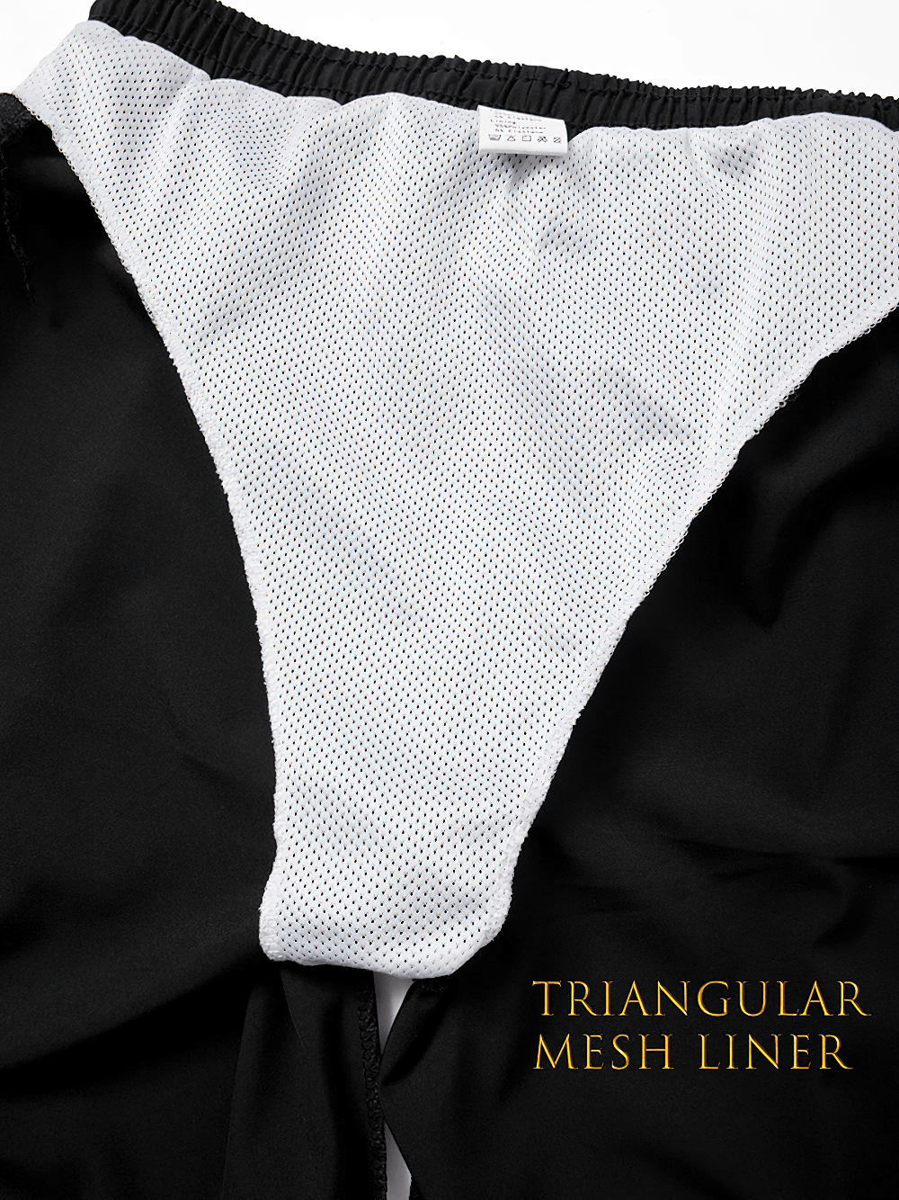 Alt Tag: Zip Pocket Swim Trunks with Drawstring Waist - SF4494 triangular mesh liner close-up for comfy, quick-dry support