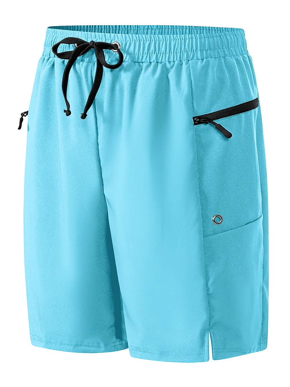 Alt Tag: Zip Pocket Swim Trunks with Drawstring Waist - SF4494 aqua blue men's board shorts with black drawstring and zip pocket