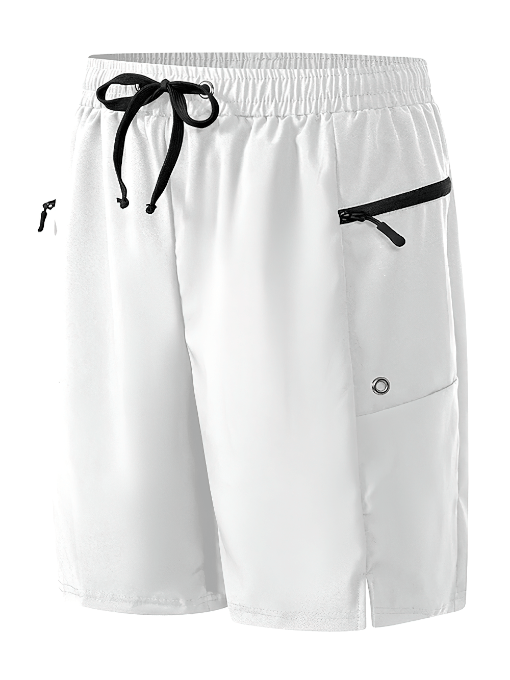 Alt Tag: Zip Pocket Swim Trunks with Drawstring Waist - SF4494 white men’s board shorts with elastic waistband, drawstring, and zip pocket