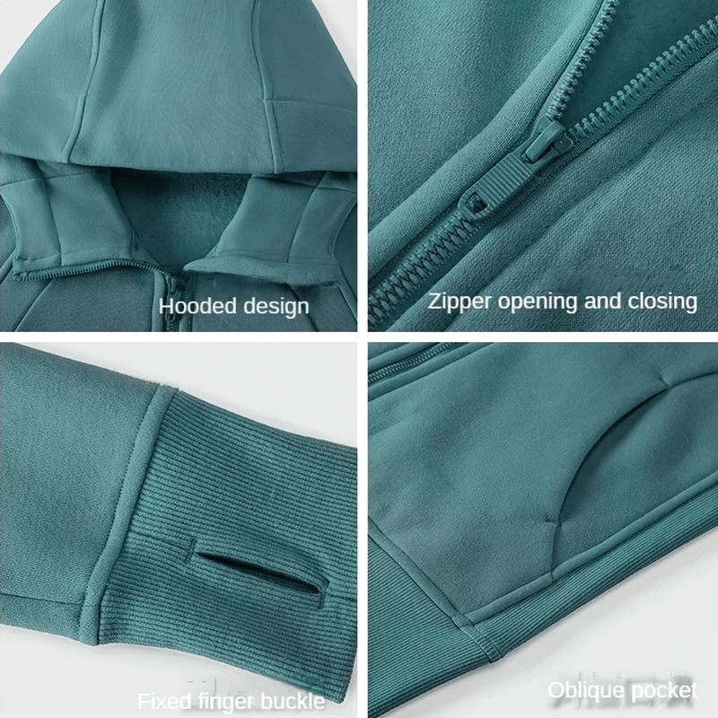 Close-up of teal zip-up athletic fleece hoodie showcasing hood design, zipper, fixed finger buckle, and oblique pocket details.