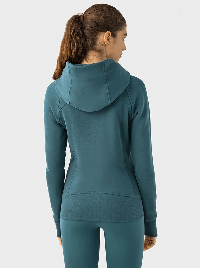 Woman wearing teal Zip-Up Athletic Fleece Hoodie, showing back with stand collar and full sleeves, SF1919 activewear.