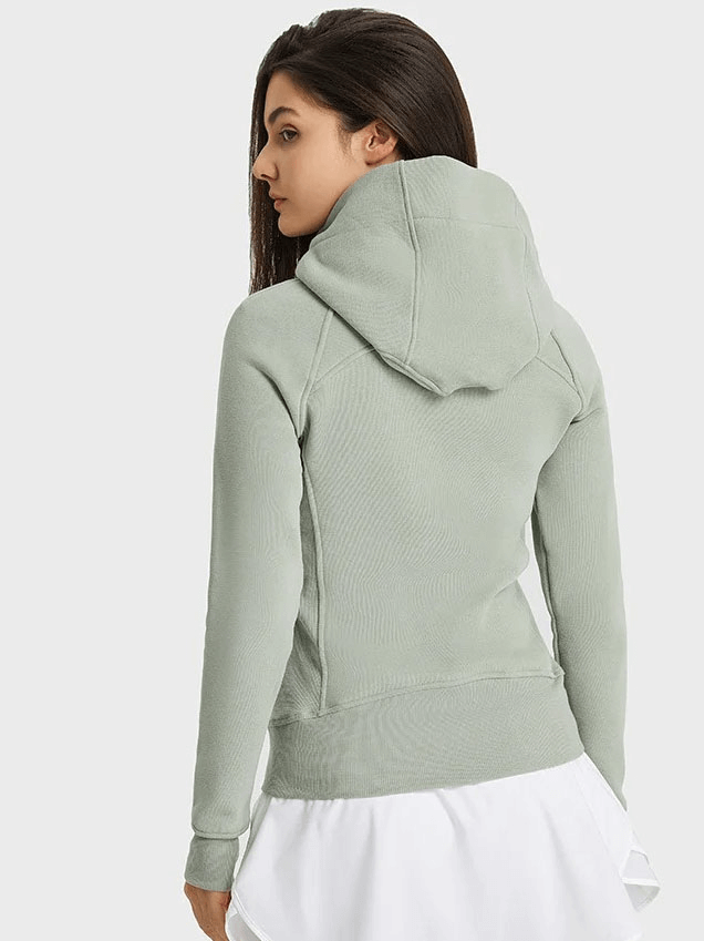 Back view of gray zip-up athletic fleece hoodie for women, featuring a stand collar and long sleeves, suitable for active wear.